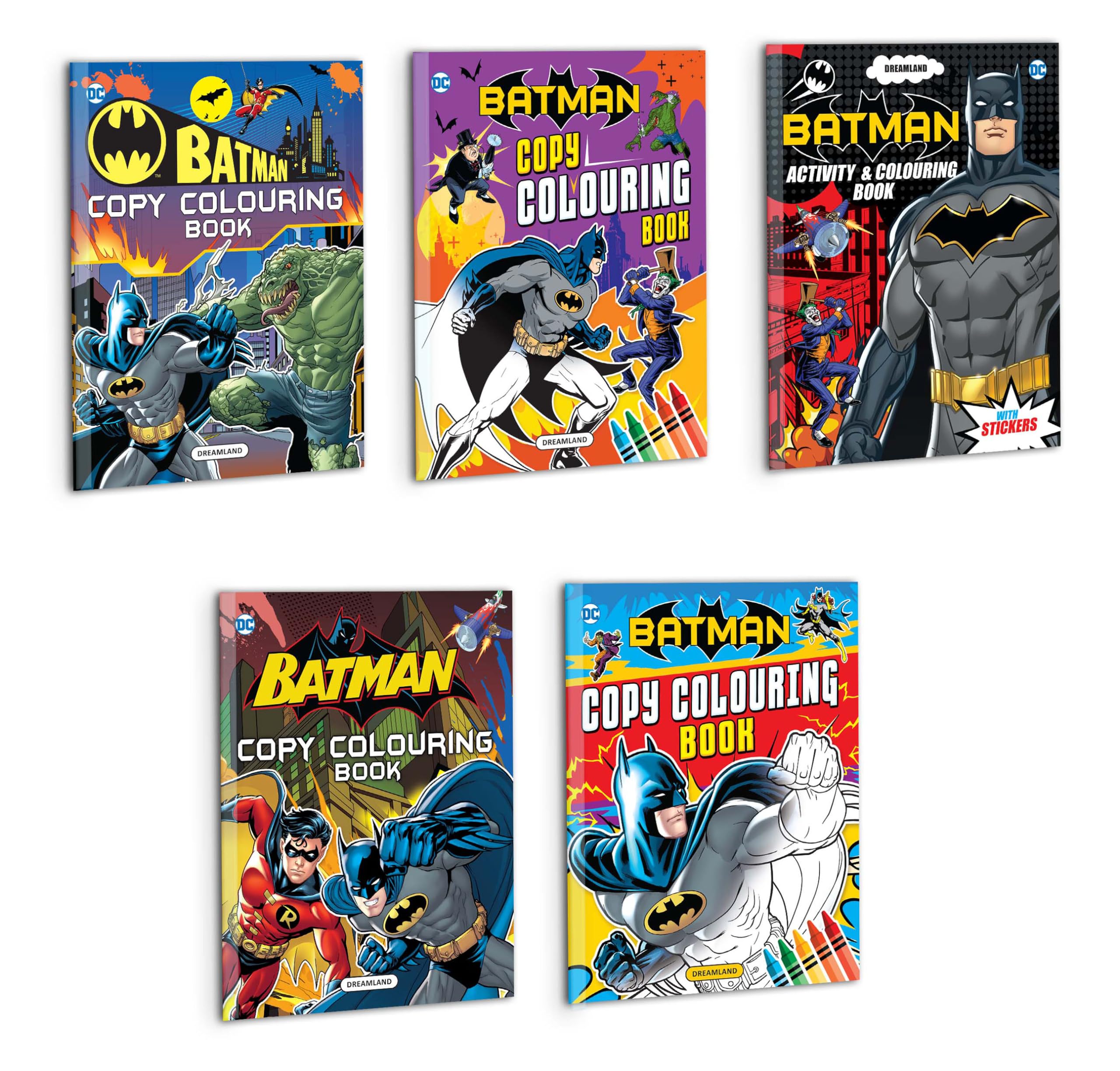 Batman Copy Colouring and Activity Books Pack with Stickers for Kids Ages 2-8 – Set of 5 Fun Superhero Books with Colouring, Puzzles, Creative Activities & Hand-Eye Coordination Exercises