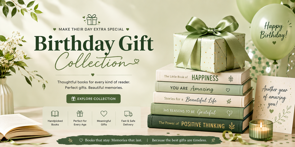 A styled promotional banner for a 'Birthday Gift Collection' featuring a stack of books with a green gift box on top, surrounded by balloons, a candle, and decorative text on a soft beige background.
